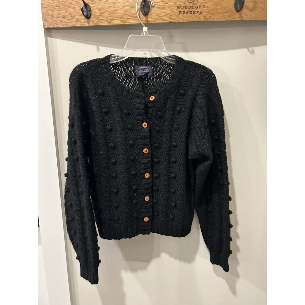 Womens Sz Small Vintage Wool Crew Neck Button Cardigan Sweater Bubble Knit Pom